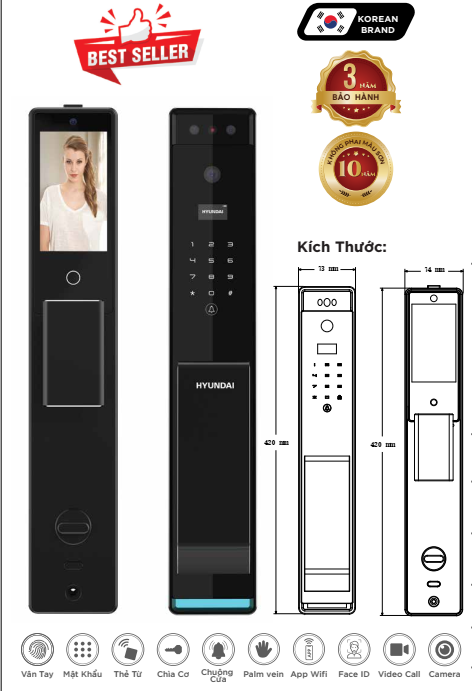 Khóa Face ID Hyundai HY-SLA909F Black chính hãng Khóa Face ID Hyundai HY-SLA909F Black chính hãng